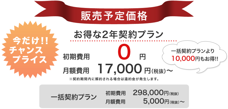 販売予定価格　初期費用：298,000円～　月額費用：5,000円より